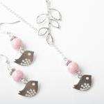 Silver bird and branch lariat necklace with pink fossil stone- silver plated chain- bird jewelry - bird necklace - bird lariat
