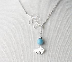 Silver bird and branch lariat necklace with blue fossil stone- silver plated chain- bird jewelry - bird necklace - bird lariat