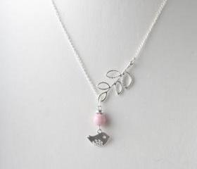 Silver bird and branch lariat necklace with pink fossil stone- silver plated chain- bird jewelry - bird necklace - bird lariat