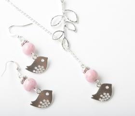 Silver bird and branch lariat necklace with pink fossil stone- silver plated chain- bird jewelry - bird necklace - bird lariat