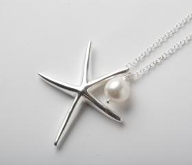 starfish necklace - 925 sterling silver necklace - silver starfish and Swarovski pearl necklace - Beach wedding necklace - nautical
