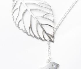 Bird necklace - leaf necklace - bird and leaf necklace - silver leaf - silver bird - bird jewelry -lariat- leaf jewelry - delicate necklace
