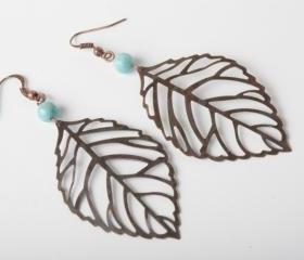 copper leaf earrings - blue fossil stone and copper earrings - leaf dangles - handmade earrings