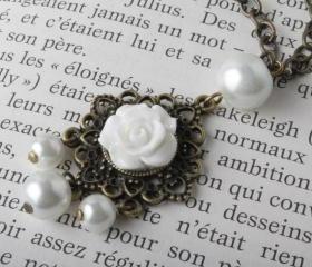 White flower cabochon and brass necklace - shabby chic - long necklace - white rose bud necklace -brass and pearl - vintage style jewelry- sautoir