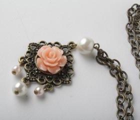 Peach flower cabochon and brass necklace - shabby chic - long necklace - peach rose bud necklace -brass and pearl - vintage style jewelry- sautoir
